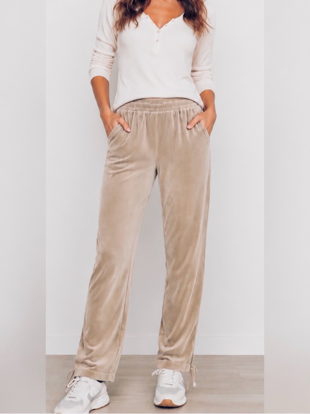 Suzie Kondi Velour Track Pants NWT Dorset Beige Tan Cream